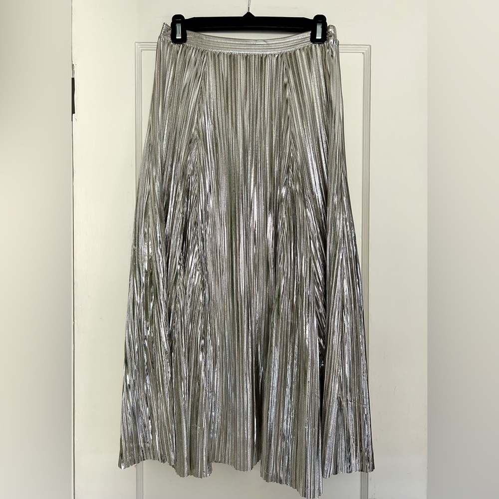 NWT By Anthropologie Metallic Pleated Midi Skirt in Silver - Petite XXS